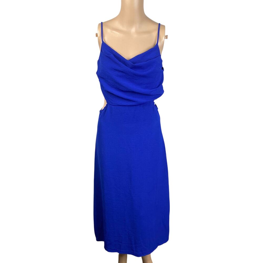 NWT Rolla Coster Royal Cobalt Blue Cowl Neck Cutout Midi Dress SZ L
